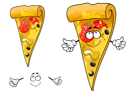 Cartoon thin slice of pizza character with cheese and sliced salami, tomato, pepper, mushroom, olives for pizzeria or takeaway restaurant menu designのイラスト素材
