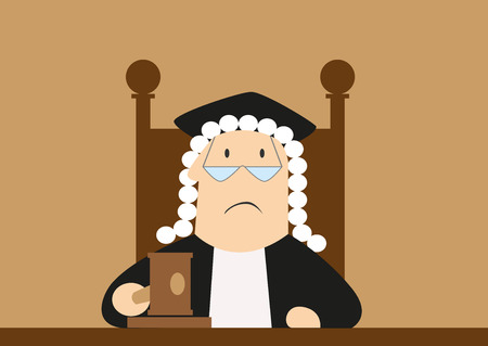 Judge in wig, glasses and mantle pounding gavel in courtroom and makes verdict, for low and justice concept design, cartoon flat styleのイラスト素材