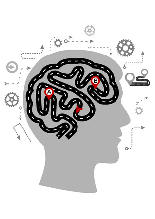 Infographic showing thought processes of a human brain with the brain depicted as a highway or road with a series of arrows and icons surrounding itのイラスト素材