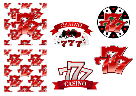 Colorful red casino and gambling emblems or badges depicting the iconic lucky numbers 777 as seamless patterns, with banners and playing cardsのイラスト素材