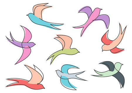 Graceful colorful flying swallow birds looping through the air, for freedom or environment concept designのイラスト素材