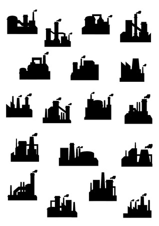 Industrial factories and refineries icon set with black silhouettes of installations with chimneys belching polluting smokeのイラスト素材