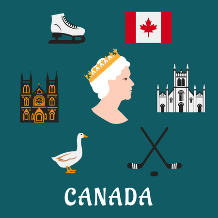 Canada travel flat icons and symbols depicting the Queen, commonwealth, ice skates and ice hockey, flag, landmarks and goose over blueのイラスト素材