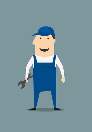 Cartoon mechanic or handy man holding a spanner or wrench standing in his overalls with a happy smileのイラスト素材