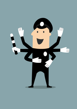 Happy cartoon policeman in uniform and peaked cap with traffic rod in one of hands, flat style, for business, law or multitasking concept designのイラスト素材