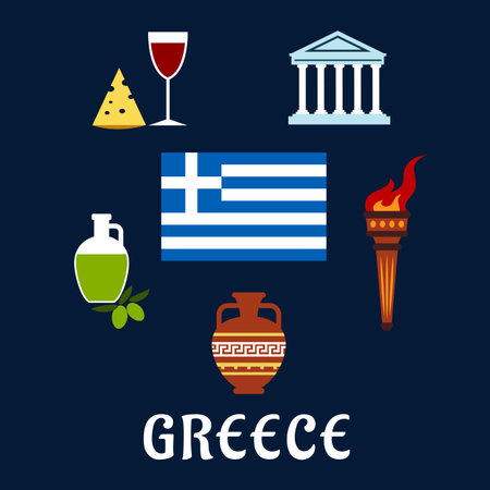Greece traditional symbols or icons in flat style with national flag, Parthenon temple, ancient amfora, torch with flame, olive oil,  wine and cheeseのイラスト素材
