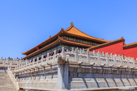 Beijing, China - April 29, 2015: Forbidden City, Beijing, China. The Hall of Supreme Harmony marble terrace and stairs with ornamental balustradesのeditorial素材
