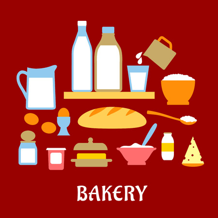Bakery concept with dough ingredients including containers of butter,salt, sugar milk, eggs, and cheese around a loaf of white breadのイラスト素材