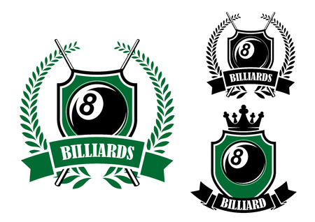 Eight ball billiards or pool emblem with crossed cues, black ball, crown and laurel wreathのイラスト素材