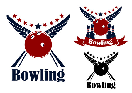 Winged bowling ball and ninepins in red and blue colors with decorative elements for sports emblem designのイラスト素材