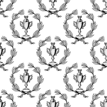 Seamless pattern with sport trophy cups and laurel wreaths in retro engraving outline styleのイラスト素材