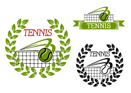 Green tennis sports game icon or symbol with ball, net and laurel wreathのイラスト素材