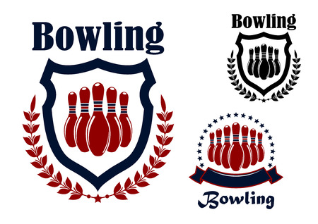 Bowling sports game blue and red graphic emblem with ninepins, wreath and shield elementsのイラスト素材