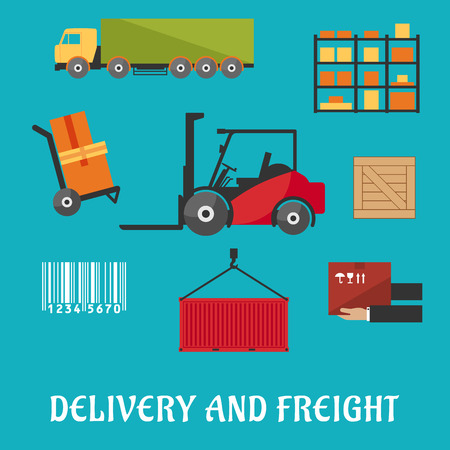 Delivery and freight flat infographic with truck, crate, barcode, container, shelving, loader and wooden boxのイラスト素材