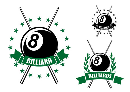 Billiards or pool retro emblems in green and black colors with eight ball and crossed cues encircled by ribbon banners, stars and laurel branches for sporting designのイラスト素材