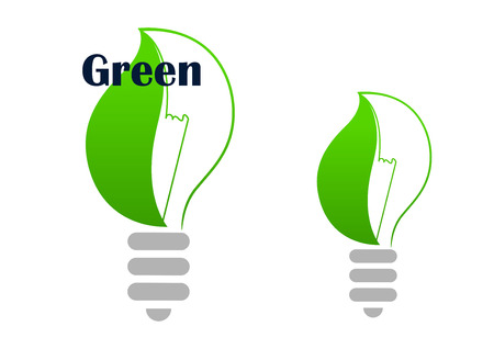 Ecology green light bulb abstract symbol with curved spring leaf covering lamp,  for ecological and environment designのイラスト素材