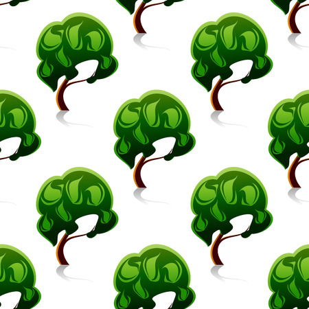 Abstract green trees seamless pattern with bent trunks, round crowns and shadows for interior wallpaper or fabric designのイラスト素材