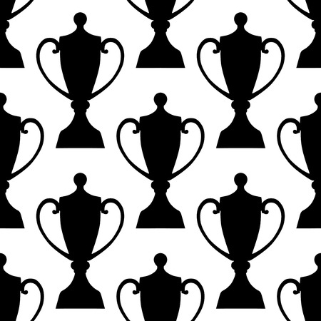 Black and white trophy cups seamless pattern background with decorative lids and rounded curved handles for sports designのイラスト素材
