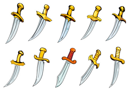 Adorned vintage daggers or poniards with golden handles and sharp blades in cartoon style for t-shirt or tattoo designのイラスト素材