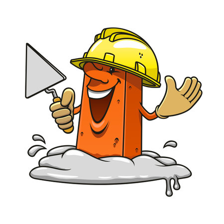 Cartoon happy brick professional mason character with trowel in hand wearing yellow construction helmet and gloves, standing in mortarのイラスト素材