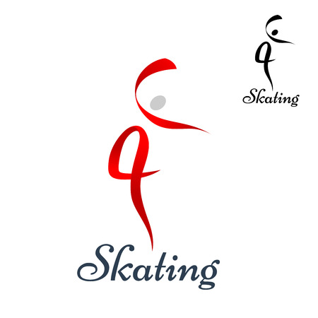 Figure skating symbol with dancing woman silhouette composed of red ribbons, also with small black variant and caption Skatingのイラスト素材