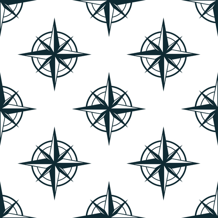 Seamless pattern with repeated motif of vintage star shaped nautical compasses on white background,  for travel or textile designのイラスト素材
