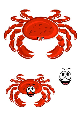 Funny red crab cartoon character with thick armoured shell, claws and smiling face for mascot or seafood designのイラスト素材