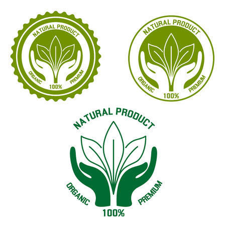 Natural, organic and premium product retro labels. Hands holding leaves, creen colors, for food or ecology designのイラスト素材