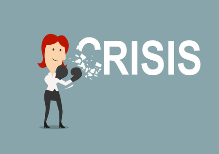 Successful businesswoman beats the crisis with boxing gloves. Cartoon style, for crisis management concept designのイラスト素材