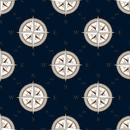 Vintage compass seamless pattern with bronze direction marks on dark blue background, for travel conceptのイラスト素材