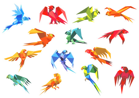 Colorful tropical parrots birds in origami style in different poses,  for environment, symbol or emblem designのイラスト素材