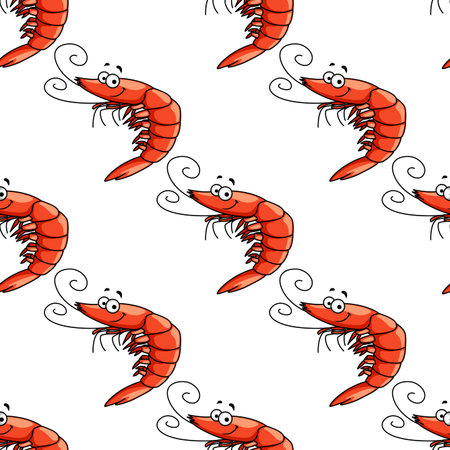 Cartoon happy  red shrimp characters seamless pattern with long curly antennae on white background for seafood designのイラスト素材