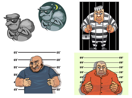 Criminal cartoon characters with thief in mask and sack, robber, gangster makes a prisoner photo against height chart and prisoner in jail behind barsのイラスト素材