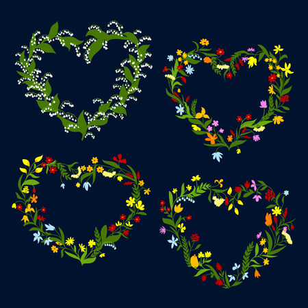 Floral hearts design with delicate spring flowers wreaths ornated by lilies of valley, roses, daisies, bellflowers, sweet peas and blooming herbs on dark blue backgroundのイラスト素材