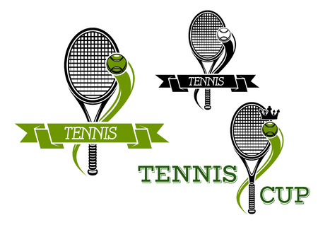 Tennis club or tournament sporting emblems with rackets and balls, royal crowns and wavy motion trails decorated by ribbon bannersのイラスト素材