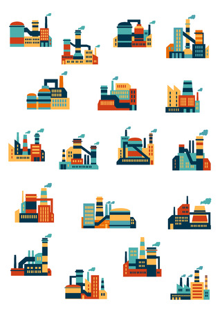 Industrial factories and plants icons in flat style with smoking chimneys, isolated on white, for ecology or technology designのイラスト素材
