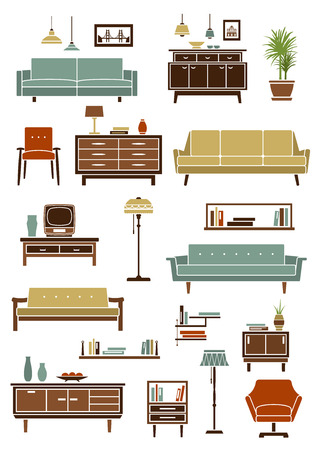 Retro furniture with various sofas and armchairs, floor and pendant lamps, wooden bookshelves, chest of drawers and bedside table with tv and home interior accessories. Flat styleのイラスト素材
