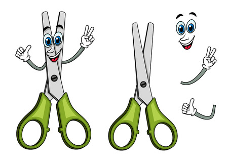 Happy scissors cartoon character with plastic green handles showing victory gesture, for education or stationery designのイラスト素材
