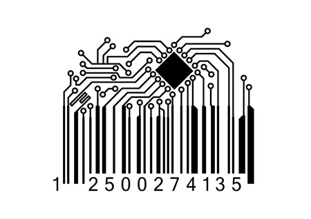 Bar code with circuit board layout elements and chip on the top isolated on white background, for computer technology or retail concept designのイラスト素材