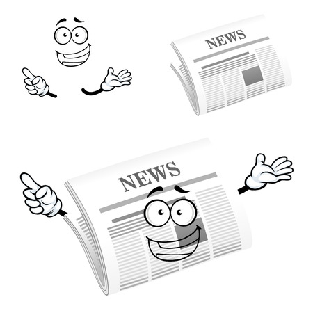 Cartoon newspaper character with header News on front page and happy face, for advertisement or media designのイラスト素材