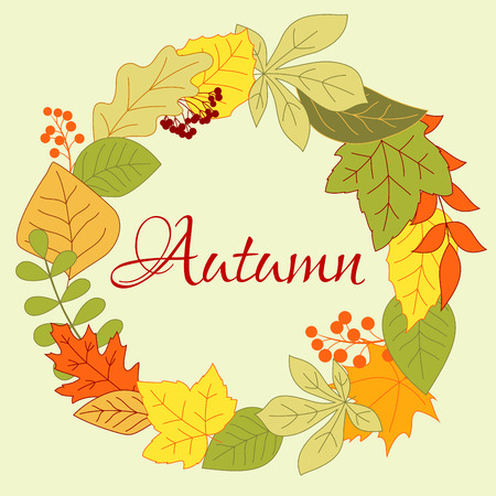 Autumnal foliage round frame with orange, yellow and green leaves, viburnum berries and shrub seedsのイラスト素材