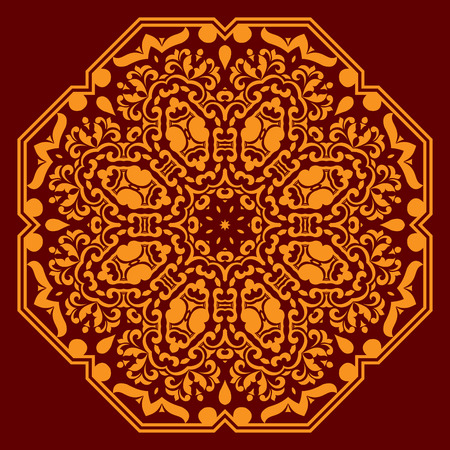 Orange floral pattern with circular ornament of abstract flowers, geometric elements, curved lines and curlicues on dark red backgroundのイラスト素材