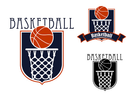 Basketball team emblems or badges with basketball backboards in form of heraldic shields with baskets and balls supplemented ribbon bannerのイラスト素材
