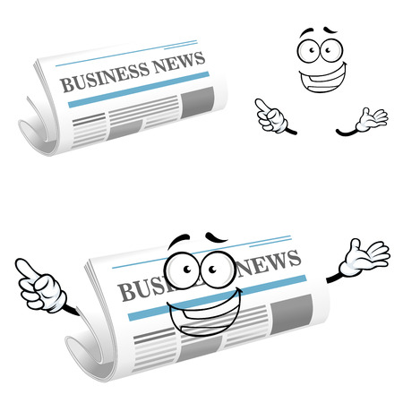Joyful folded newspaper cartoon character with title Business News on the cover page, for media or icon designのイラスト素材