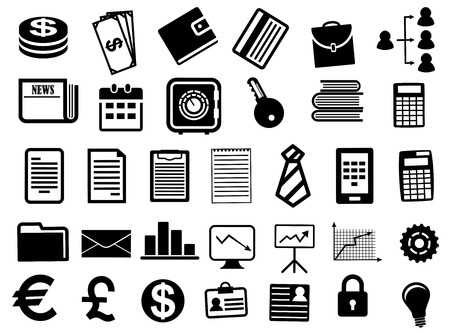 Business icons and symbols in flat style with black finance documents and graphs, money signs, tablet pc and calculator, newspaper, safe, wallet, briefcase, key and padlock. For business infographics and finance designのイラスト素材