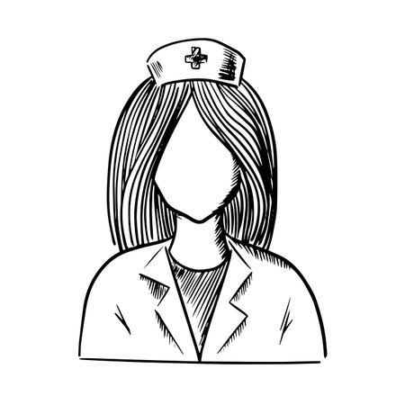 Doctor or nurse icon in uniform and hat isolated on white background. Sketch styleのイラスト素材