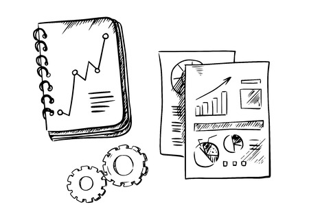 Business notebook, reports and gears show notes and paper sheets with financial line graph and pie charts. Sketch styleのイラスト素材