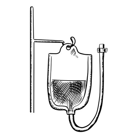 Plastic bag with blood for transfusion hanging on stand. Outline sketch style, for health care or medicine designのイラスト素材