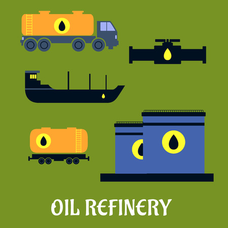 Oil industry concept for storage and transportation icons with tankers, pump, truck and tank iconsのイラスト素材
