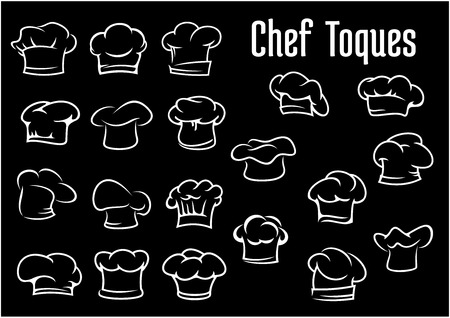 Chef and cook hats, caps ot toques icons isolated on black background for restaurant or cafe designのイラスト素材